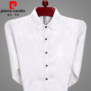 皮尔卡丹高档男士长袖衬衫免烫休闲衬衣中国龙纹中年春秋桑蚕丝真丝薄款 白色 170/84A