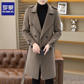 Romon woolen coat men's autumn and winter new high-end mid-length double-sided woolen coat korean style double-breasted woolen windbreaker 21006 brown xl