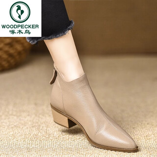 Woodpecker 4.5cm genuine leather pointed toe thick heel short boots for women comfortable soft sheepskin 2025 autumn ankle boots short ankle boots khaki 37