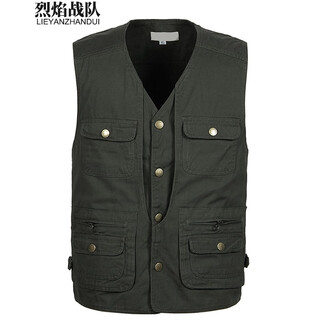 Flame team vest men's autumn outdoor multi-pocket fishing vest for middle-aged and elderly casual cotton vest 02 military green vest 3xl (recommended weight 150-170jin jin is equal to 0.5 kg)