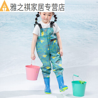 Children's water play one-piece waders, kindergarten waterproof clothes, rain boots for sea children, men's and women's fish catching rain pants, beach children's dinosaur overalls (with pockets), size 21/27 (shoe inner length 14.5cm)