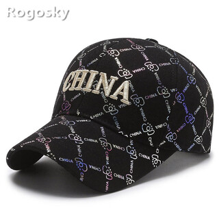 Rogosky counter trendy hats for men and women, fashionable all-over printed baseball caps, versatile letter embroidered peaked caps, spring and autumn sun visors, black, adjustable (56-60cm)