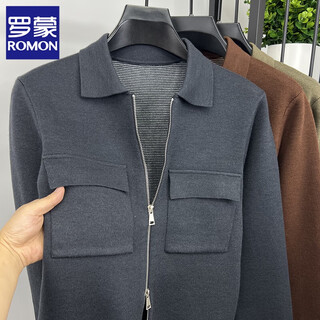 Romon sweater cardigan wool sweater men's coat lapel autumn casual business contrast striped handsome jacket sweater dark gray xl