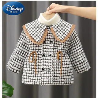Disney (disney) girls spring autumn and winter jackets 2024 new small and medium children thick woolen jackets girls houndstooth coats trendy khaki spring and autumn style no cotton 110