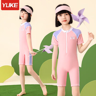Yuke children's swimsuit for girls, medium and large children 2024 new summer one-piece sun protection swimsuit baby girl training swimsuit pink short-sleeved xl size recommended height 105 120cm