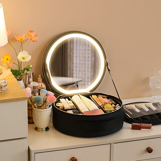 Niceland cosmetics bag with led light, round mirror cosmetics storage bag, large capacity, portable hand strap, battery, black