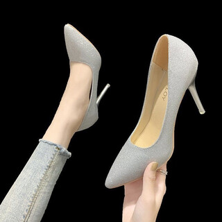 Daohuatu size 35-45 large size high-heeled shoes 44 sequined single shoes retro men's transvestite shoes 43 stiletto heel big-foot women's shoes 42 silver 10 cm 43