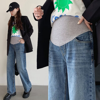 Miduli maternity pants spring and autumn outerwear jeans summer thin wide leg pants small people large size maternity clothes blue l size (recommended 100-130jin jin is equal to about 0.5 kg)