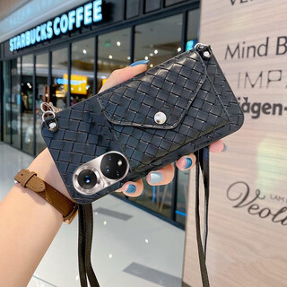 Lieehaen huawei mobile phone case, coin purse, honor woven crossbody strap, personalized and creative leather women's small card holder, wallet hand strap, simple women's card holder, anti-fall, black plaid woven pattern coin card holder + crossbody lanyard for honor 80
