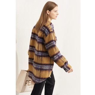 Amii women's 2025 winter new loose mid-length contrast color plaid boyfriend style hong kong style shirt collar wool khaki l