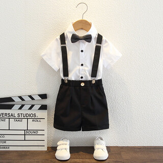Little bear elf (xiaoxiongjingling) boys dress summer children's suit suit flower girl overalls british handsome boy chorus piano performance clothing short-sleeved shirt + black shorts + suspenders + bow tie 130 yards (recommended weight 43-50 jin jin equals 0.5 kg)