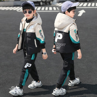 Three-piece set monkey brother children's clothing boys' velvet suit winter clothes new thickened medium and large children's winter vest + sweatshirt + casual pants boys student three-piece set 3-15 years old trendy off-white 140 (recommended height around 130cm)