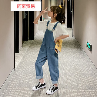 Qiahan girls overalls 2020 new medium and large children spring and autumn long pants korean style loose spring wide leg denim children's pants blue 130 cm