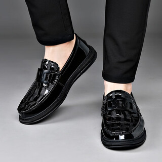 Kedun spring and summer peas shoes men's genuine leather soft sole lazy slip-on men's business casual leather shoes glossy height-increasing men's shoes black (flat heel) 42