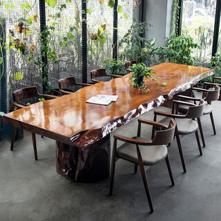 慕恭木语美式工作原木老板办公桌会议桌功夫茶桌实木大板桌自然边长条桌子 铁脚300*90*75 厚度8cm