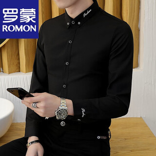 罗蒙（ROMON）纯色休闲衬衫男长袖秋季修身免烫黑衬衣正装棉质白衬衫外套中青年 829黑色 【微弹抗皱】 薄款 XL 参考125-140斤左右