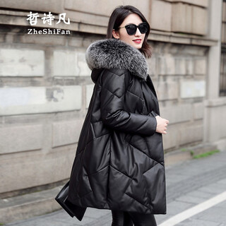 Zhe shifan genuine leather down jacket women's medium long leather jacket 2025 new haining sheepskin fox fur hooded fur jacket black 3xl 145jin jin is equal to 0.5kg --155jin jin is equal to 0.5kg