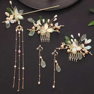 Luruo ancient style hanfu headdress, super fairy green tassel hairpin, rocking comb earrings, full set of hair accessories, hairpin, ancient costume accessories, qingluo suit ear clip style