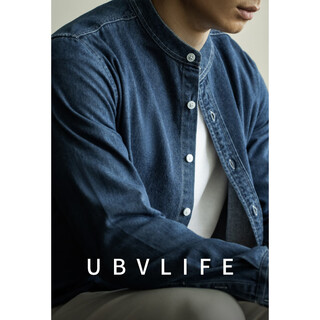 Ubv american retro henry collar denim shirt men's 2024 autumn new casual commuting casual jacket shirt blue xl