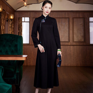 Xiyue chinese style autumn and winter new knitted cotton long cheongsam daily elegant slim handmade flower button dress women black m (weight 95~105)