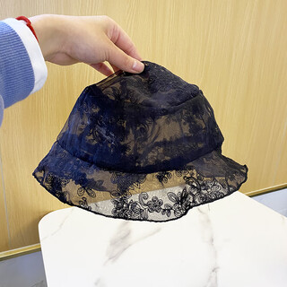 Kayule middle-aged women wear hats to cover their white hair ins japanese thin lace fisherman hat women concave shape mesh embroidery black lace embroidered basin hat m (5658cm)