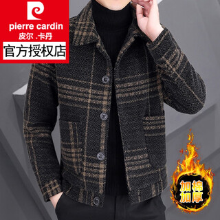 Pierre cardin winter cotton thickened woolen jacket men's korean version slim plaid woolen coat short coat trendy brown 2xl