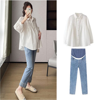 Ran qiqi maternity clothing autumn simple versatile nine-quarter sleeve top 2025 new spring and autumn pregnancy shirt loose large size shirt white top + jeans (set) xl