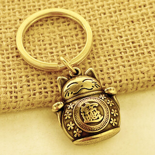 众福缘 纯黄铜招财猫钥匙扣创意时尚生肖吊坠男女招财汽车钥匙扣葫芦配件 招财猫+钥匙圈