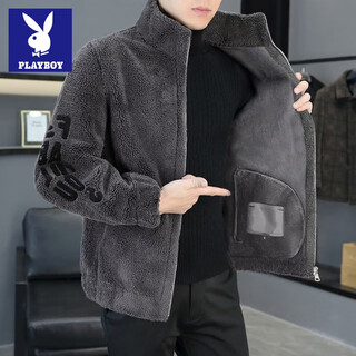 Playboy double-sided velvet jacket men's autumn and winter new thick velvet warm high-end loose casual jacket men's jacket upgraded velvet lining stand collar gray 2xl recommended 130-145 jin jin equals 0.5 kg