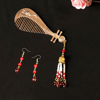 Wanbaozi ancient style pipa hair comb tassel tang style long tassel hairpin hanfu ancient costume hairpin hairpin ming made hair accessories gold and red beads + earrings (k29+k10)