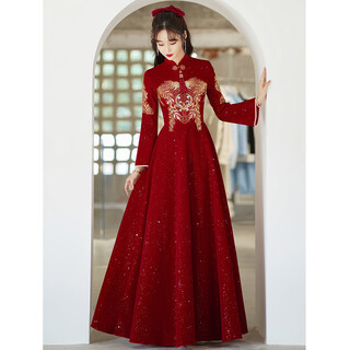 Seidler's new chinese cheongsam toast wear bride 2025 new burgundy xiuhe wear back door long sleeve wedding engagement dress