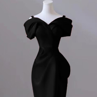 Hong kong soft adult gorgeous one-shoulder dress art test fishtail black dinner party elegant dress female light luxury niche host black floor-length style xs one-shoulder style one size