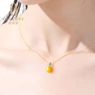 Ou cheni 18k gold inlaid with five-pointed star diamond beeswax necklace bead pendant female chicken oil yellow amber clavicle chain ready to ship 925 silver chain