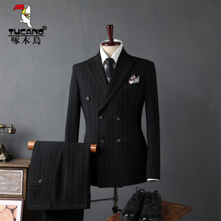 Woodpecker (tucano) men's suit casual business formal wear groomsmen's wear groom's wedding double-breasted striped suit jacket men's black (suit + trousers) 52/xl (125-135jin jin equals 0.5kg)
