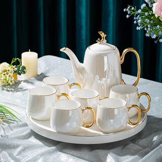 Huangtong jingdezhen high temperature resistant ceramic water set luxury phnom penh nordic style living room teapot teacup gift afternoon tea aegean sea pearl white high-end water set