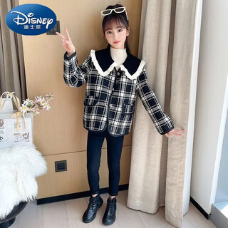 迪士尼（Disney）2024年新款女童黑白格子小香风可拆卸娃娃领短款外套夹棉加厚秋冬 黑色【加绒加厚】 170 建议160以内身高穿