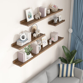 Ruoshi wall storage rack solid wood one-word partition without punching storage bookshelf laminate wall decoration wall-mounted display rack solid wood-walnut color-30*15