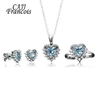 Cajj francois aquamarine set, ring, necklace, pendant, earrings, earrings, 925 silver inlaid with natural colored gems, jewelry, aquamarine three-piece set (ring + necklace + earrings)