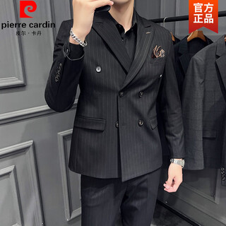 Pierre cardin large size double breasted british suit suit men's groom wedding slim formal casual business striped suit knitted black three-piece suit 6xl (suitable for 190-200 jin jin is equal to 0.5 kg)