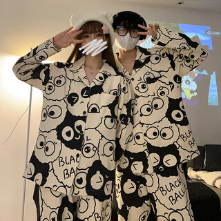 Mengdong couple pajamas spring and autumn new long-sleeved cartoon men and women loose large size pure cotton trendy brand home clothes set m long sleeve #cartoon briquettes xxl size men (recommended 145-170 jin jin equals 0.5 kg)