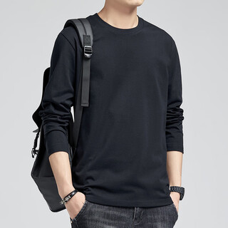 Binse pure cotton long-sleeved t-shirt men's 240g heavyweight young men's long-sleeved t-shirt cotton round neck solid color spring and autumn base black