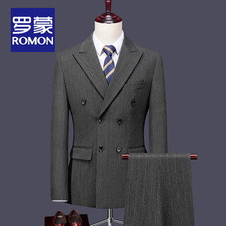 Romon high-end customized british suit for men, groom, wedding, double-breasted striped suit, men's business formal suit, gray stripe = suit + pants + shirt, 3xl size