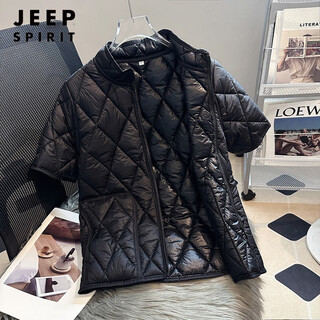JEEP SPIRIT新款半袖棉马甲男秋冬轻薄保暖羽绒棉中袖马夹中年五分袖内胆坎肩 SX24125-黑色双面 3XL 145-160斤