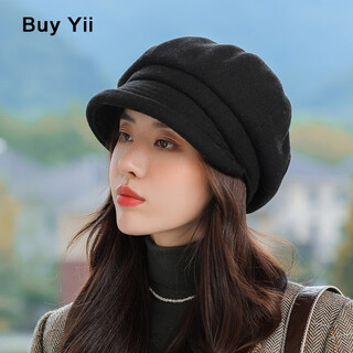 Buyyii octagonal hat for women in autumn and winter, thickened and warm beret, fashionable and versatile, korean version, artistic, face-showing, small blm-43 black m adjustable (54-59cm)
