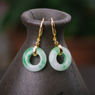 Huangben natural jade sun green floating flower peace buckle earrings silver plated 18k gold earrings donut jade earrings gold