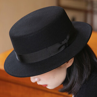 Xisheng duo hat women's autumn and winter black flat top hat french retro felt hat fashion versatile flat brim elegant hat women winter black head circumference 55-58cm