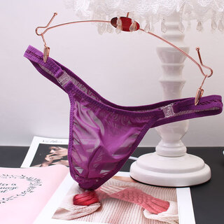 Men's thong sexy transparent solid color see-through seamless removable movable buckle temptation sexy lace t-pants sex toy purple one size