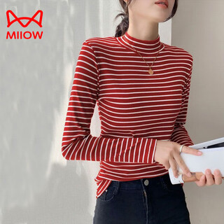 Miiow cotton half turtleneck autumn coat women's striped t-shirt mid-collar long-sleeved western style top loose bottoming shirt with spring and autumn large burgundy white small stripes women's half turtleneck pure cotton not xl 102-112jin jin is equal to 0.5 kg