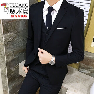 Woodpecker suit men's three-piece suit four seasons korean version slim small suit professional formal groomsman groom wedding dress black suit + trousers + shirt xl 120-130jin jin equals 0.5 kg
