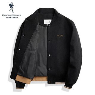 Dances with wolves wool jacket men's fashion casual contrast color stripe embroidered jacket baseball collar 001 black-basic 175